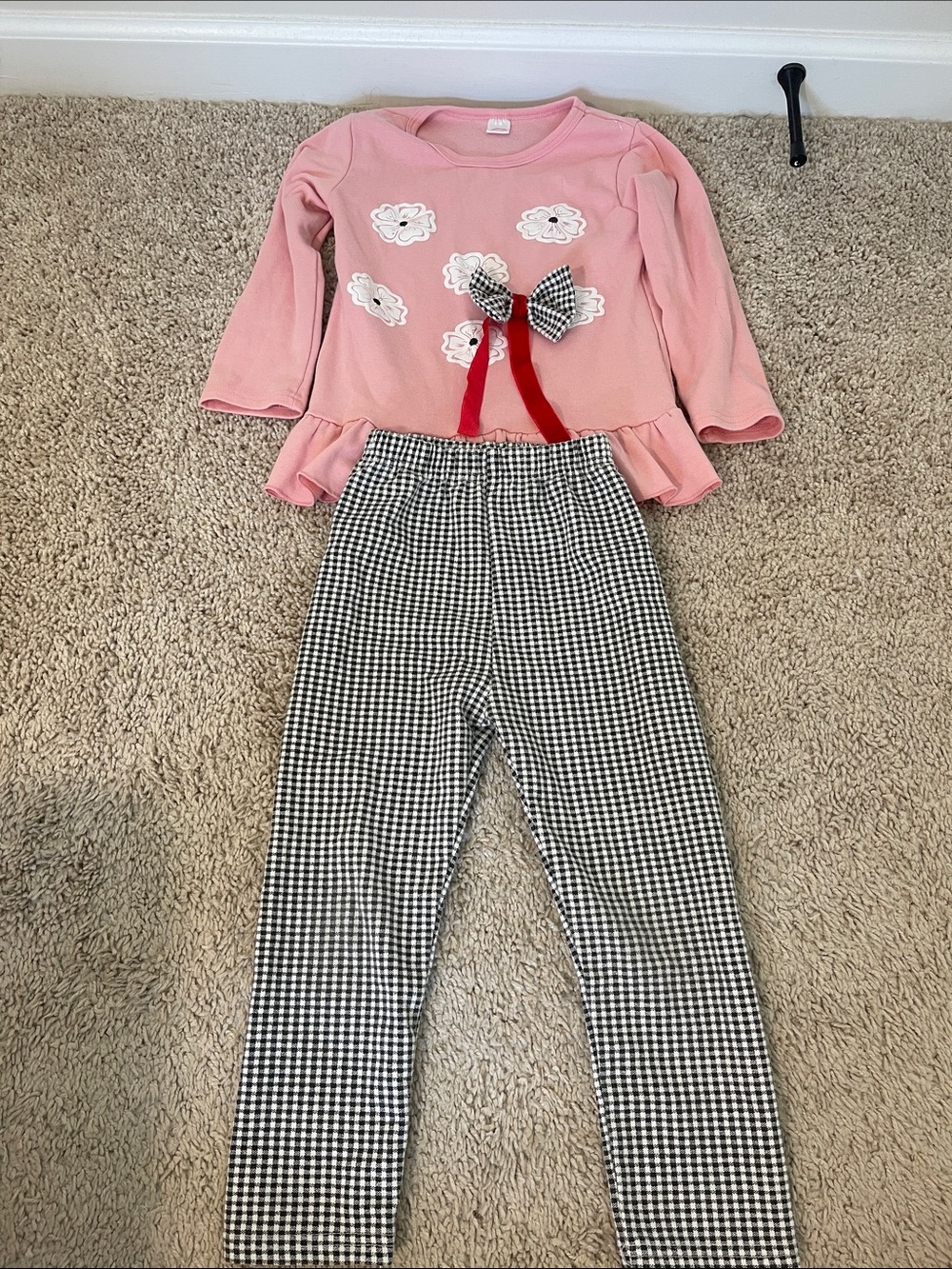 Pink Peplum Top with Gingham Bow & Black/White Gingham Leggings